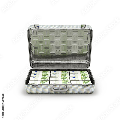 Briefcase ransom euros / 3D illustration of stacks of hundred euro notes inside metal briefcase