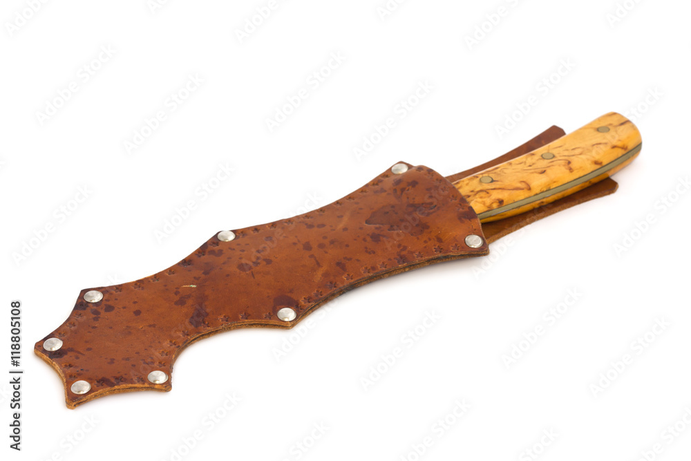 Hunting knife in sheath on white background Hunting knife in sheath on white background