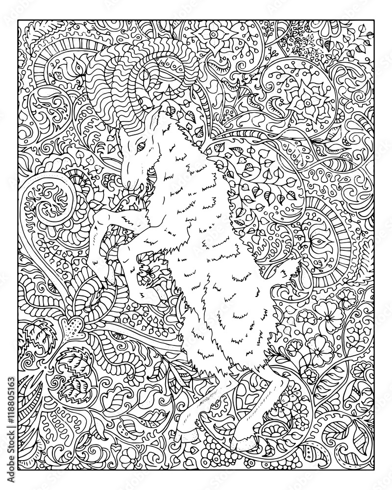 Fototapeta premium Hand drawn goat against zen floral pattern background