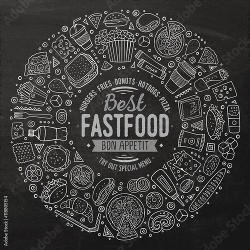 Set of Fast food cartoon doodle objects, symbols and items