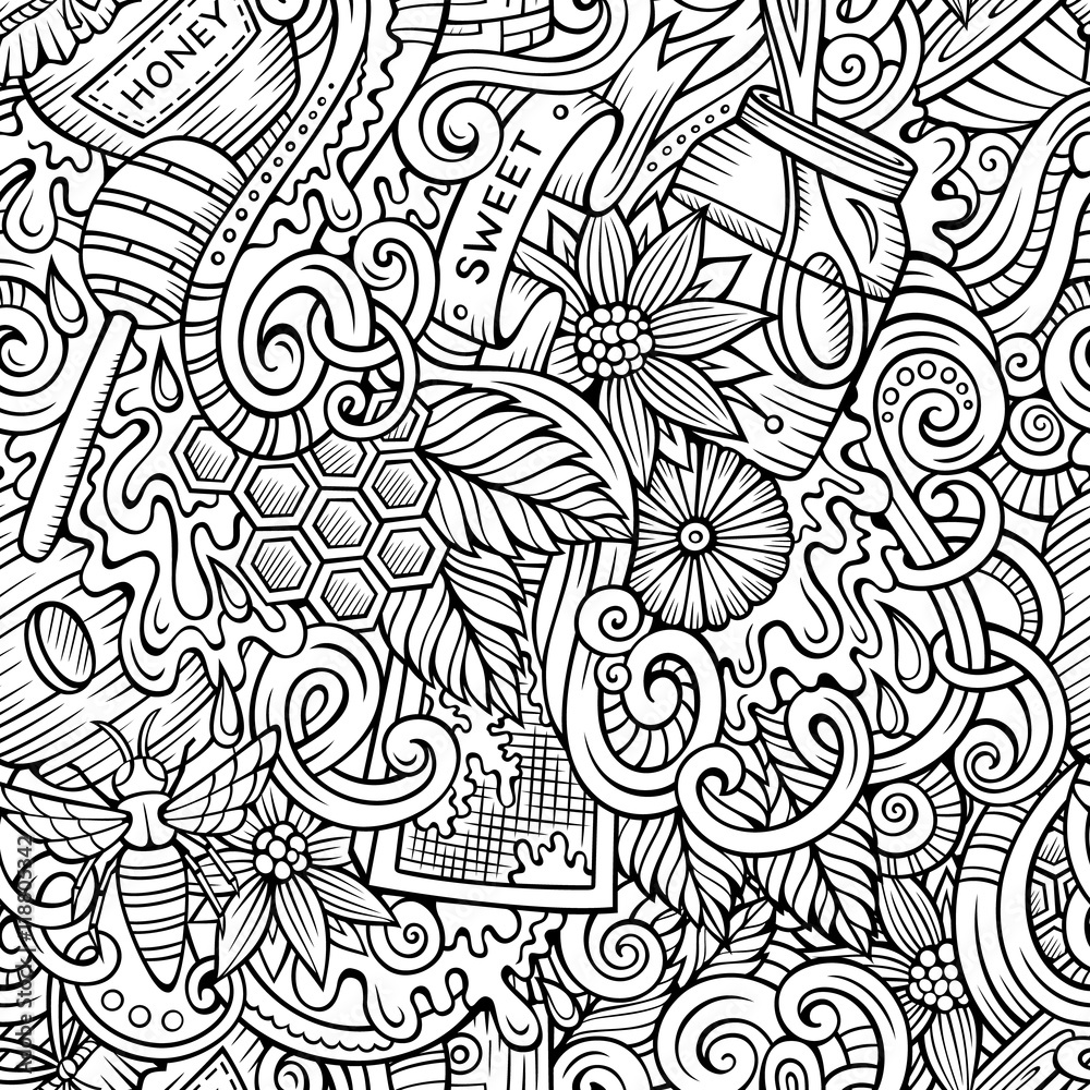 Cartoon cute doodles hand drawn Honey seamless pattern