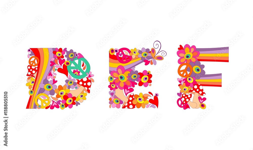 Hippie childish alphabet with colorful abstract flowers, rainbow and mushrooms. DEF