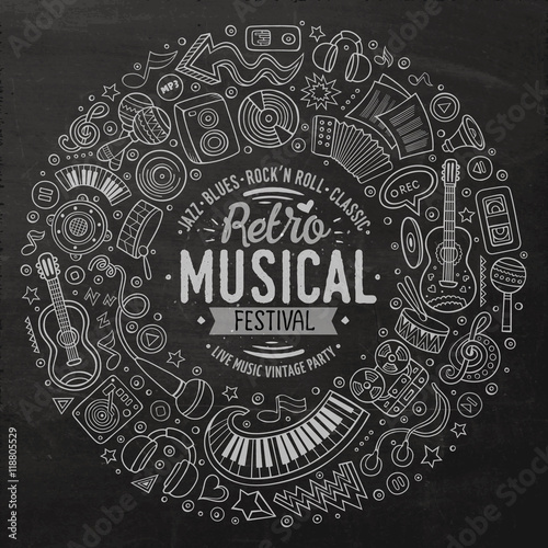 Set of Musical cartoon doodle objects, symbols and items