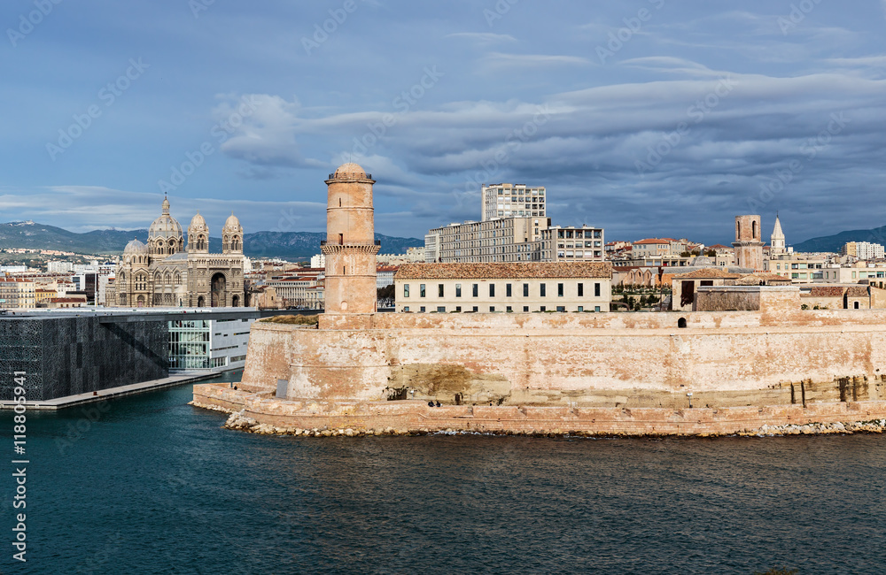 View of the old port and Fort Saint Jean in Marseille