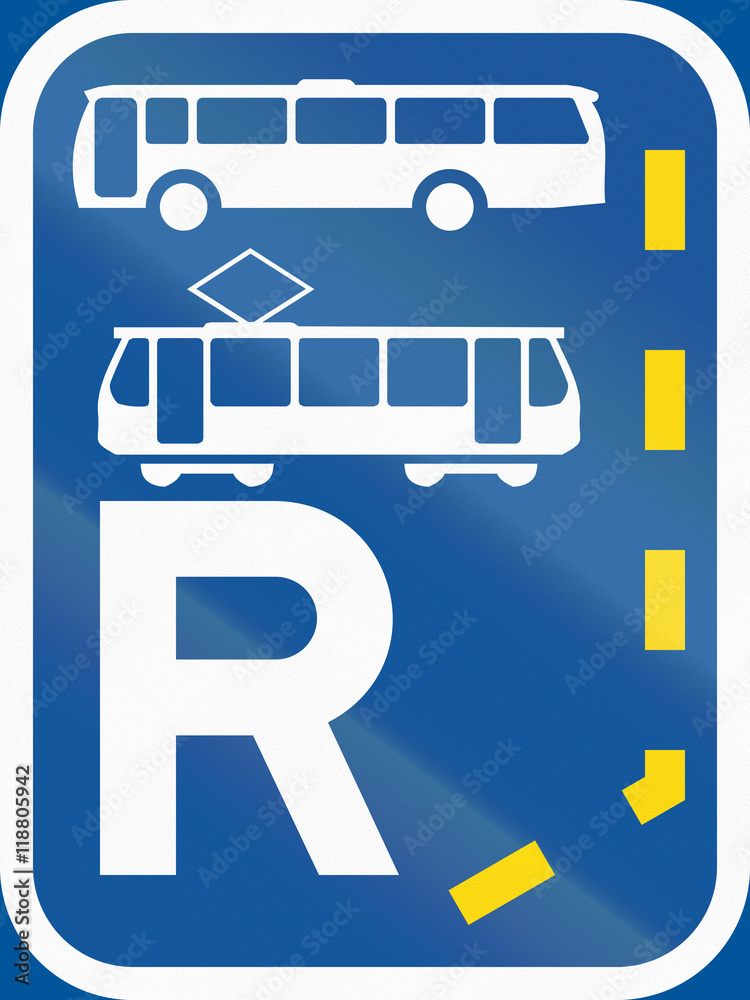 Road sign used in the African country of Botswana - Start of a reserved lane for buses and trams Road sign used in the African country of Botswana - Start of a reserved lane for buses and trams