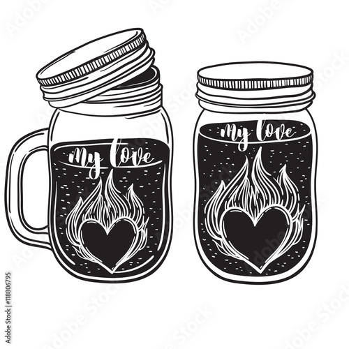 a set of juices in glass jars with fire heart. vector illustration. cocktail drink at the bar. the inscription on the jar, you can change