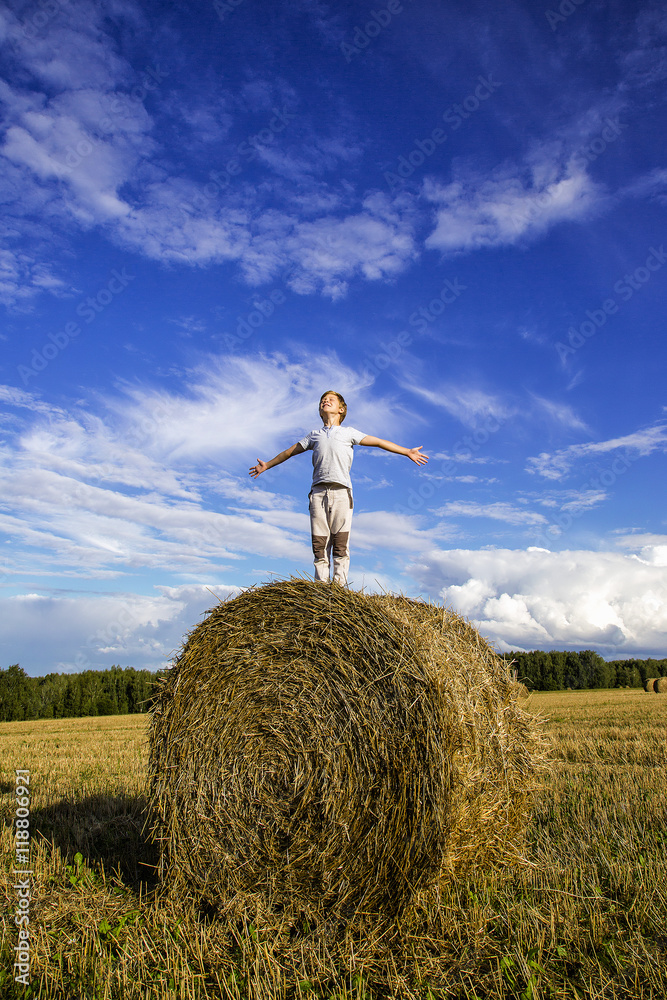 Obraz premium Smiling boy on a haystack on the background of blue sky