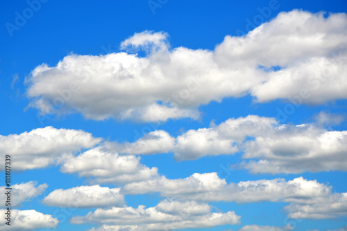 Fluffy white clouds diminishing towards the horizon on a sunny day in bright blue sky