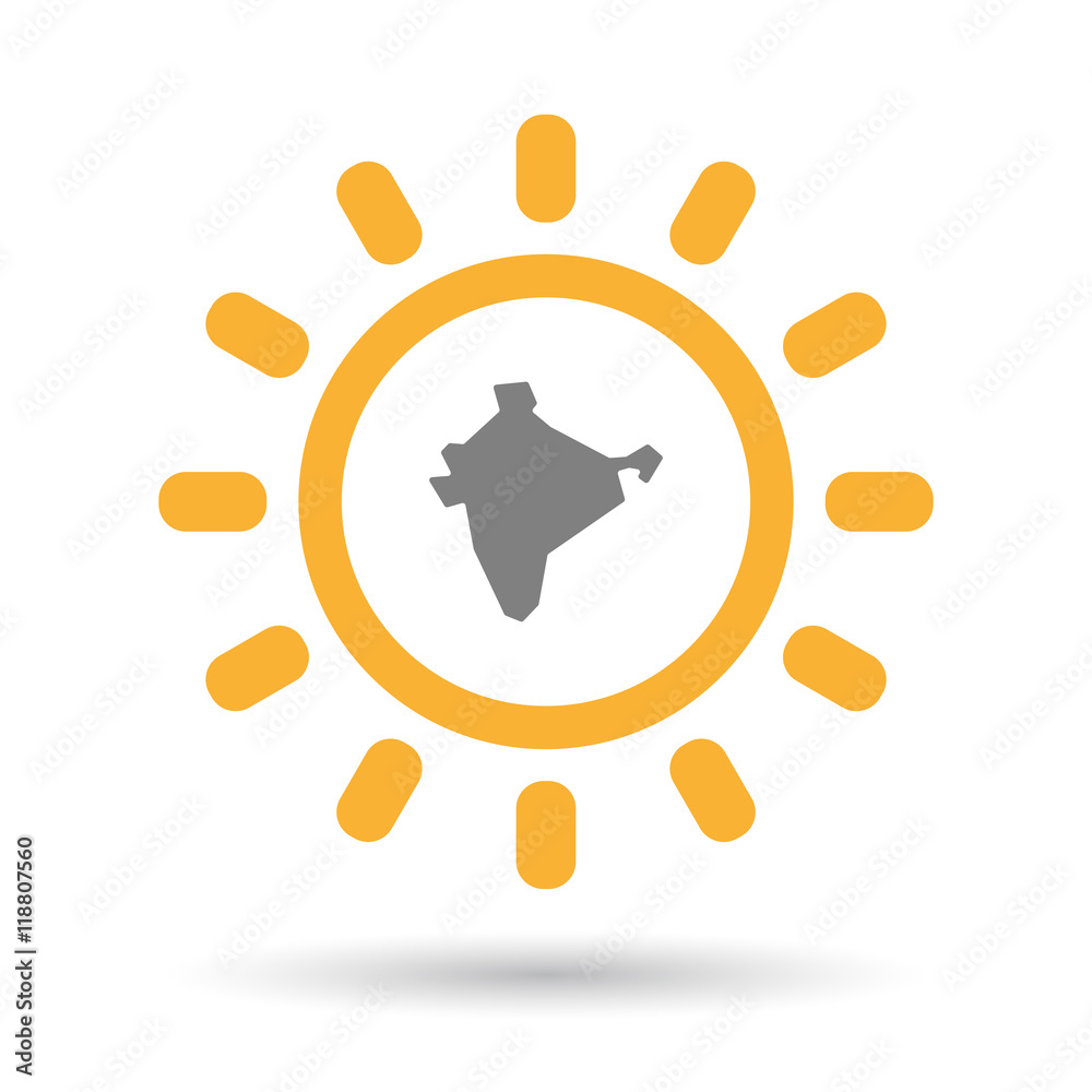 Isolated line art sun icon with a map of India Isolated line art sun icon with a map of India