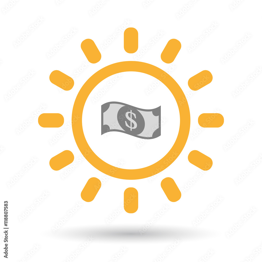 Isolated line art sun icon with a dollar bank note
