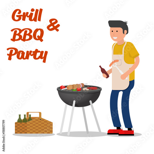 Man of cooking meat with a grill. Barbecue party.