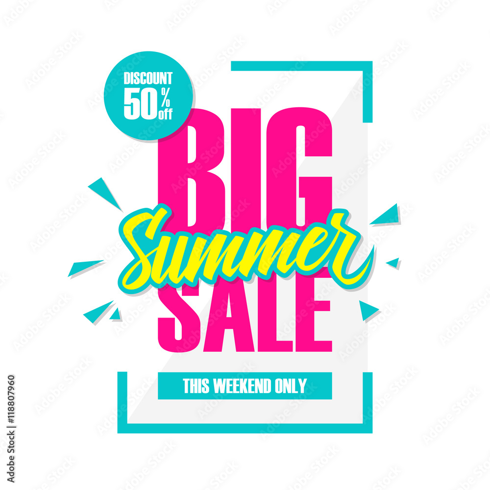 Big Summer Sale. This weekend special offer banner, discount 50% off. Vector illustration.