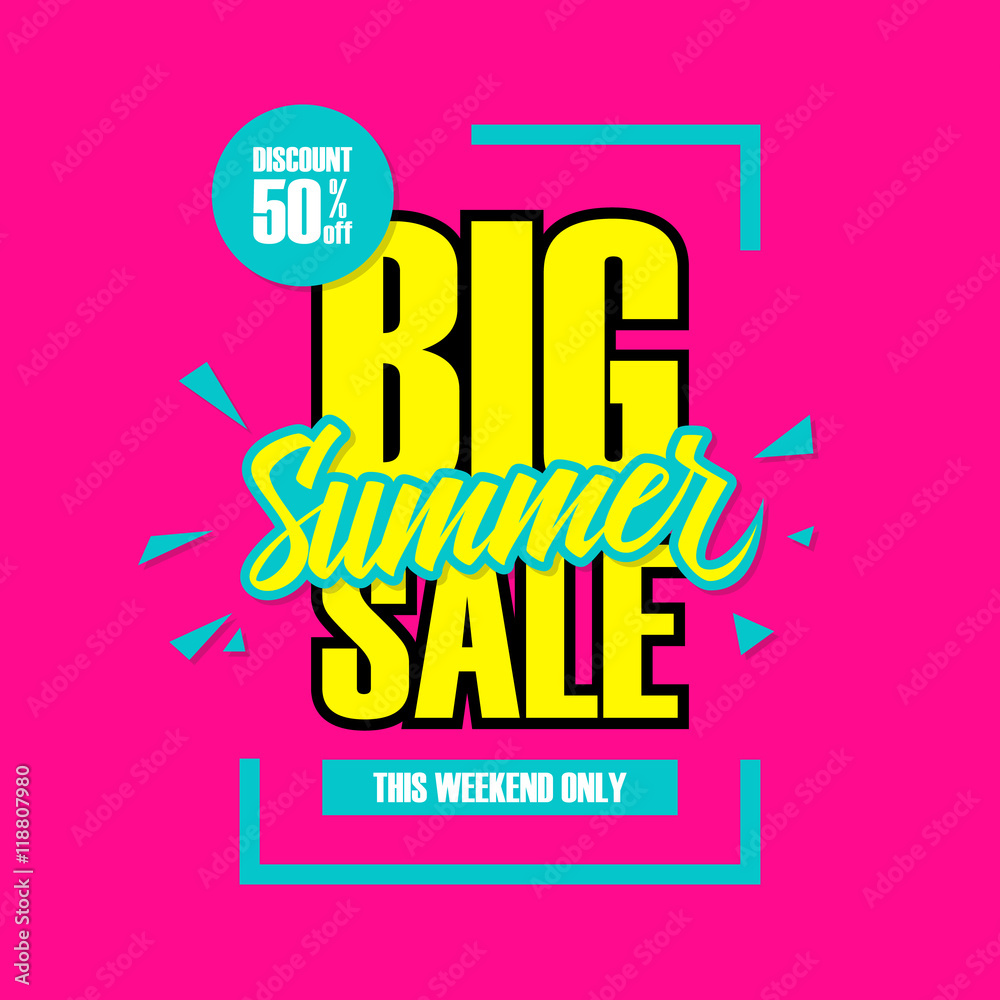 Big Summer Sale. This weekend special offer banner, discount 50% off. Vector illustration.