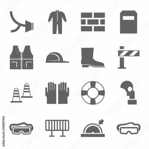 Occupational safety, personal safety, icons monochrome flat. Vector icons with protective clothing and items of human security. Monochrome picture on a white background.  