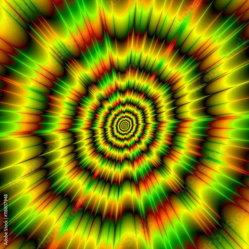 Color Explosion in Yellow Green and Red / An abstract image with a color explosion design in yellow, green, red and black.