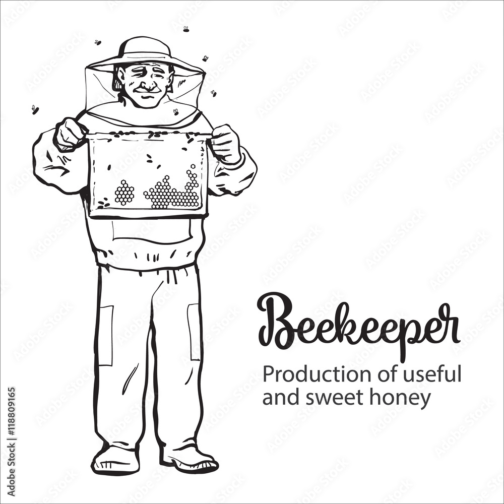 Beekeeper in protective gear holding honeycomb grid, sketch style vector illustration isolated on white background. Apiarist in protective suit working at the apiary Beekeeper in protective gear holding honeycomb grid, sketch style vector illustration isolated on white background. Apiarist in protective suit working at the apiary