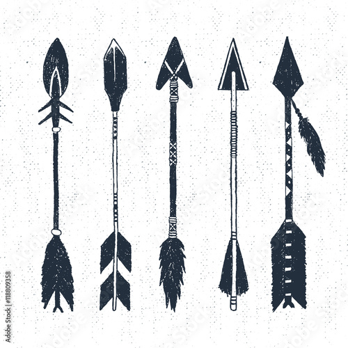 Hand drawn tribal icons set with textured arrows vector illustrations.