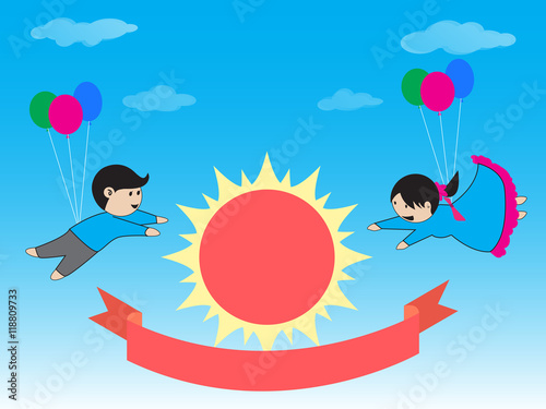Happy and freedom couple boy and girl with balloon floating with