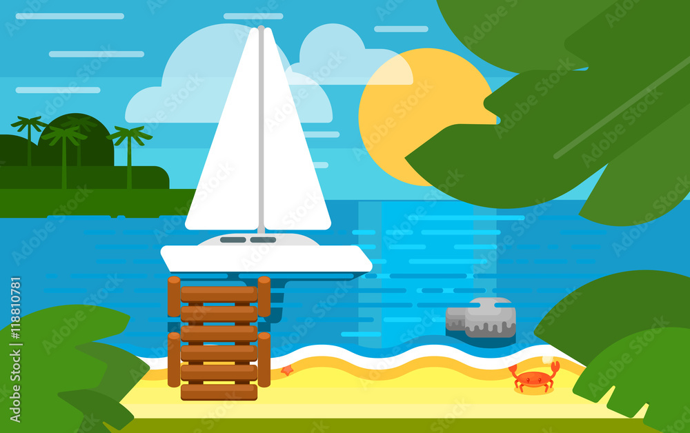 Fototapeta premium Summer banner vector illustration. Seascape with sailing yacht. Summer beach with sun lounger, sea crab, palm trees and sunset. Tropical scenery. Natural landscape. Summer vacation. Flat design banner