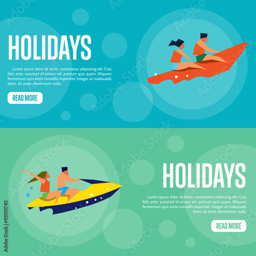Summer holidays vector illustration. People in life jackets on banana boat on blue background. Couple on yellow jet ski on green background. Extreme sea sports. Website template. Flat design banner