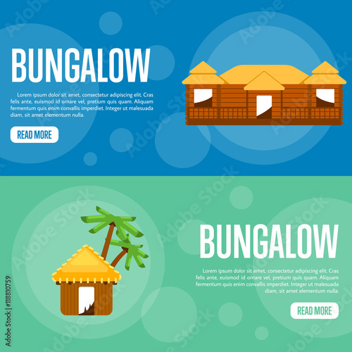 Bungalow vector illustration. Big bungalow on blue background. Water bungalow with palm trees on green background. Beach real estate. Summer vacation. Website template. Flat design banner