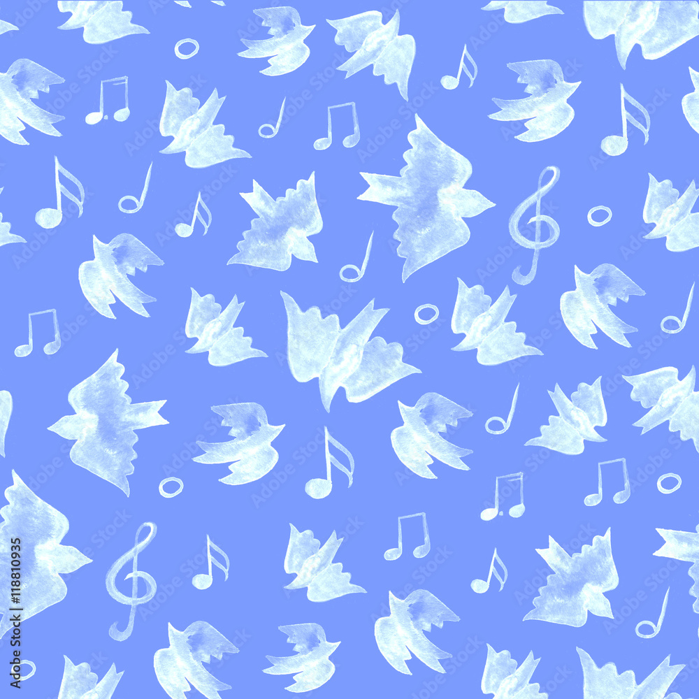 Fototapeta premium Bird seamless pattern, spring background with singing birds
