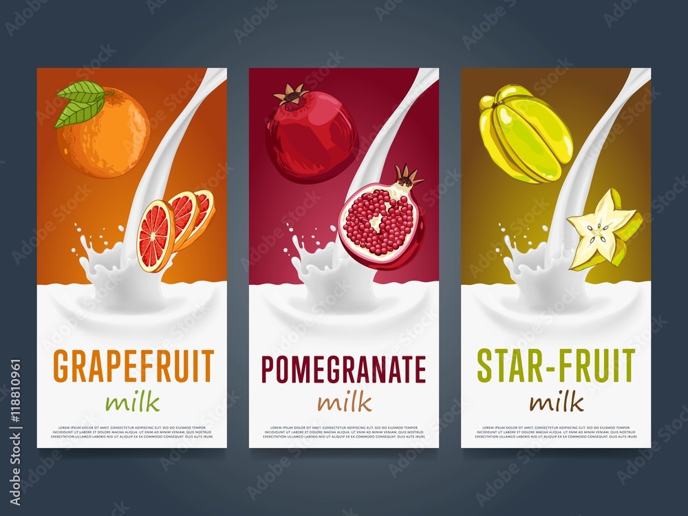 Plakat Fruits milkshake splash dessert cocktail drink with grapefruit, pomegranate, star fruit banners set vector illustration
