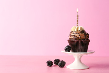 Tasty chocolate cupcake with berries on pink background