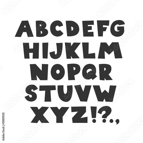 Funny childish alphabet. Vector hand drawn cartoon doodle font illustration for kids.