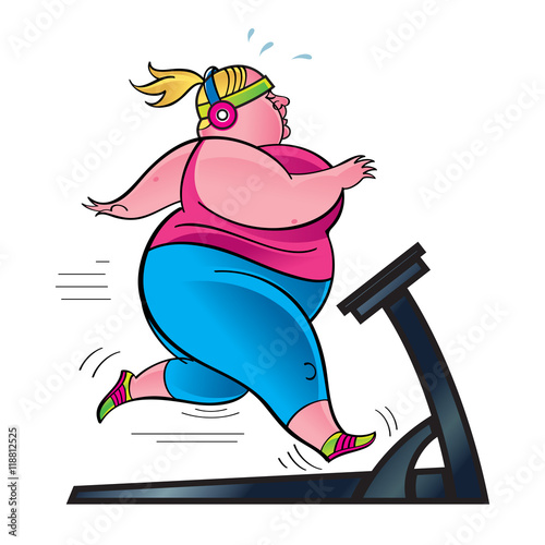 Woman exercising on treadmill, overweight runner in the gym
