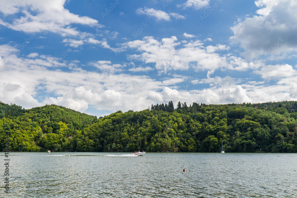 Slapy dam on Vltava river. Water reservoir and famous tourist place in Czech republic, European Union.