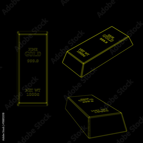 Gold bar set.Isolated on black background.Vector outline.