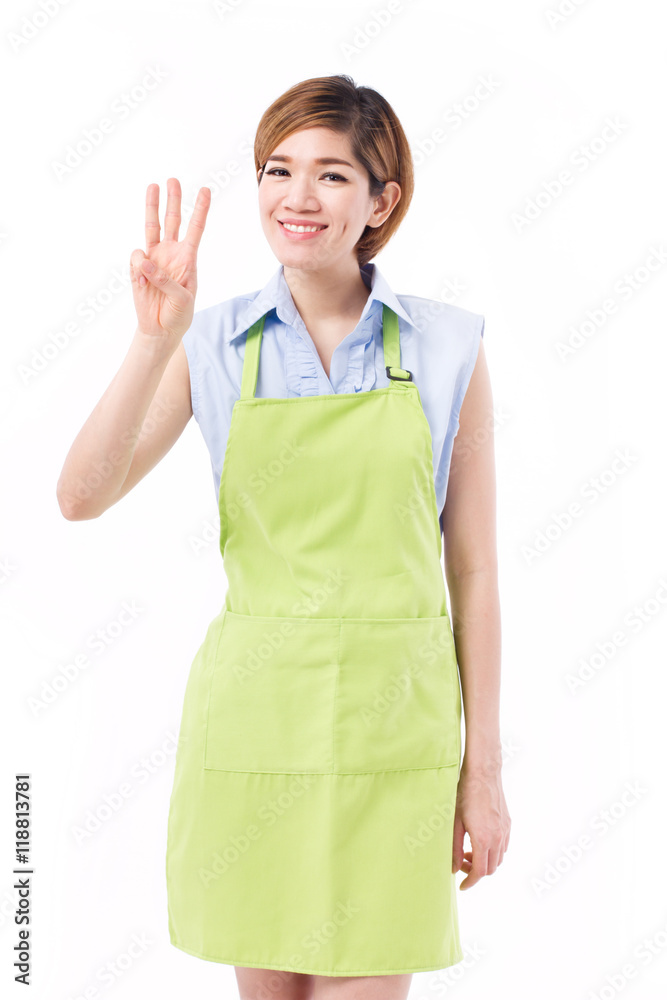 smiling, happy, positive woman small business owner pointing up