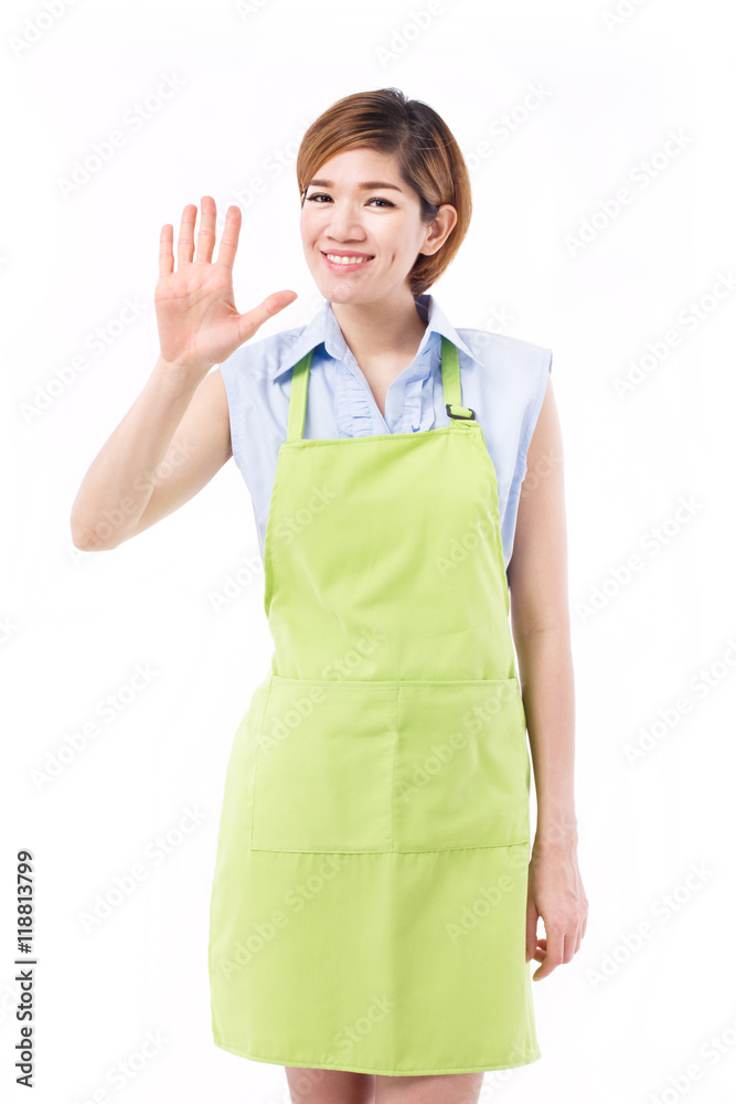 smiling, happy, positive woman small business owner pointing up smiling, happy, positive woman small business owner pointing up