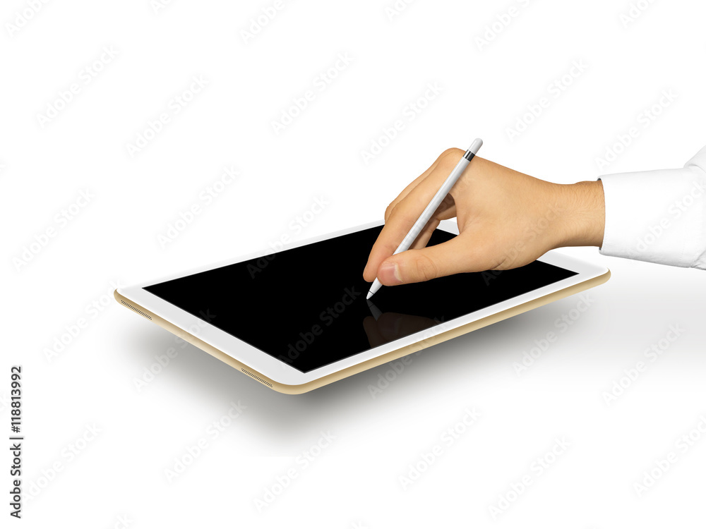 Hand holding stylus near graphic tablet blank screen. Empty tab display mock up. Designer