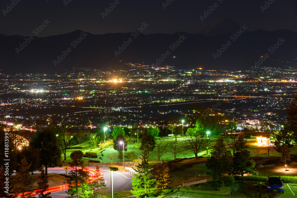 Nightscape of Kofu city, view from Fuefukigawa Fruits Park in Yamanashi, Japan