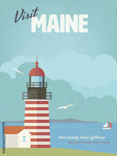 Visit Maine vintage poster with West Quoddy Head lighthouse