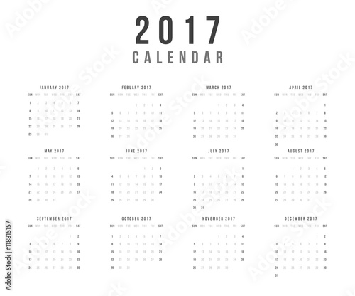 Calendar 2017 year vector design template - Minimalism Style