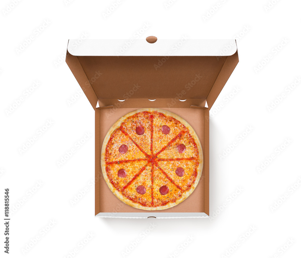 Pizza box. Open and closed pizza pack, top view paper white carton moc By  YummyBuum