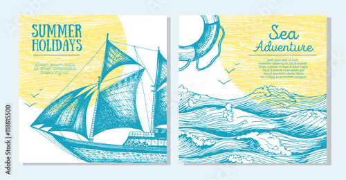 Sea set. Nautical elements banner collection. Vector illustration drawn in ink.