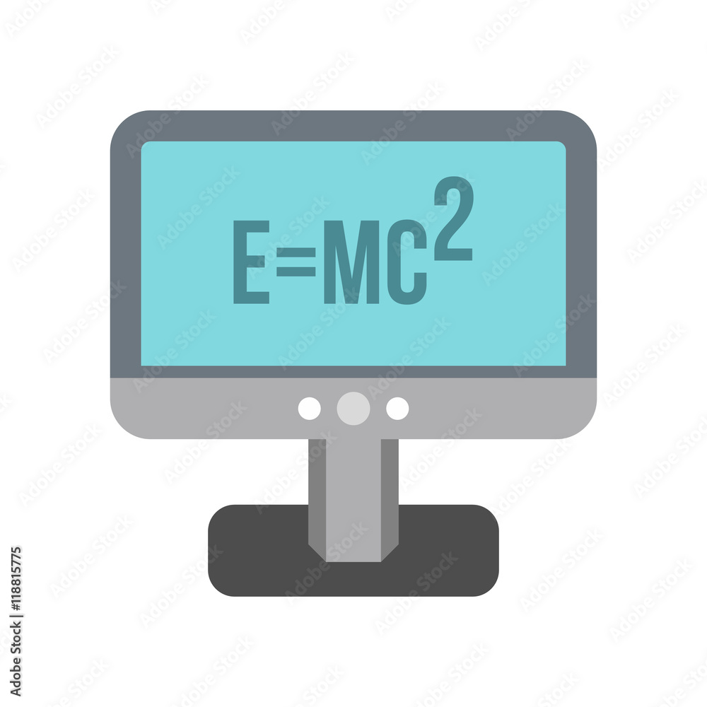 Computer monitor with the Theory of Relativity formula icon in flat style on a white background Computer monitor with the Theory of Relativity formula icon in flat style on a white background