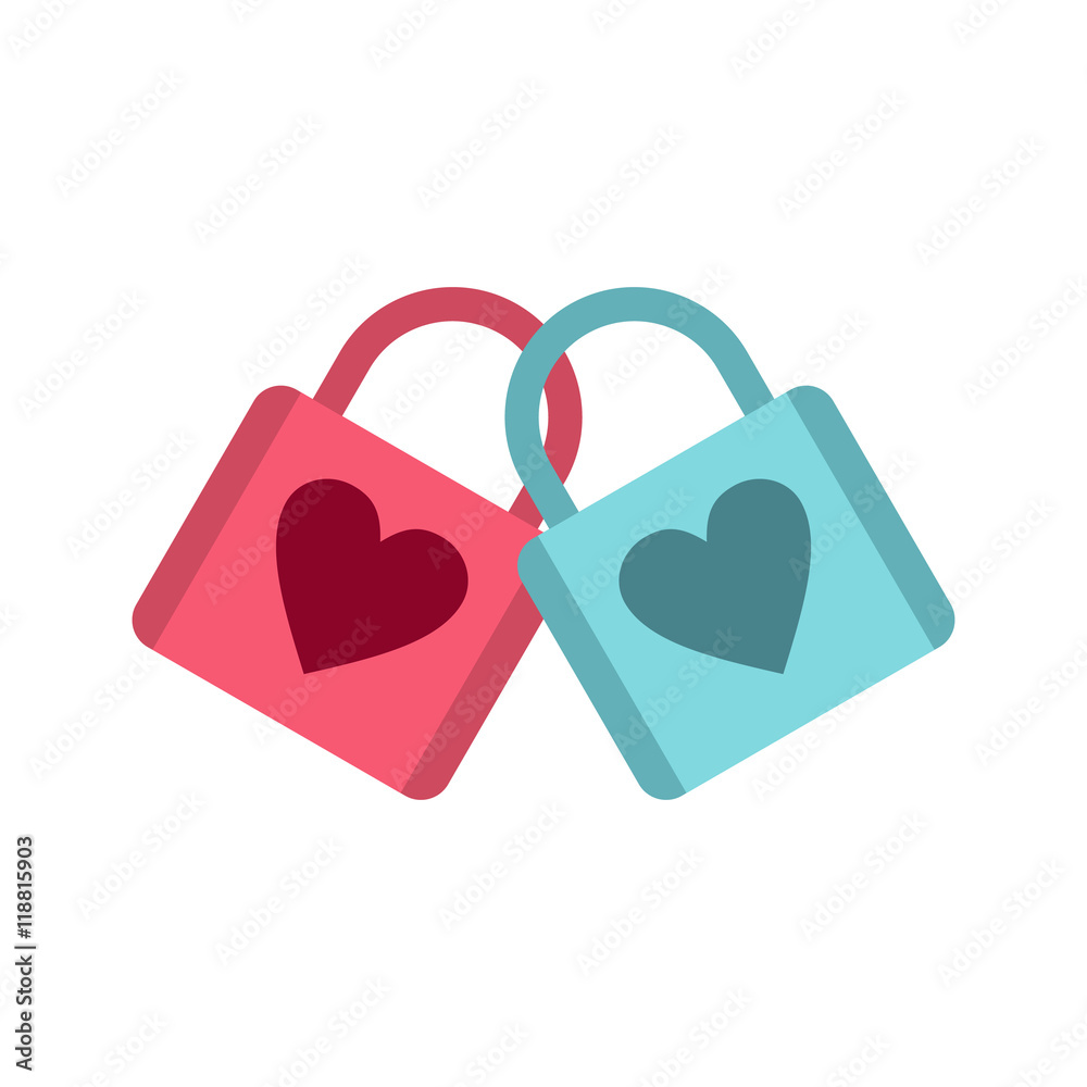Blue and pink padlocks with heart icon in flat style on a baby whute background