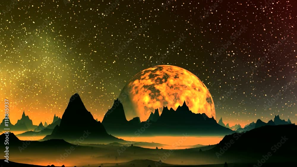 Sunrise Fiery Planet. Huge burning hot planet (sun) slowly rises from behind the mountains alien planet. On its surface fluid stains. In the dark sky a myriad of bright stars. 
