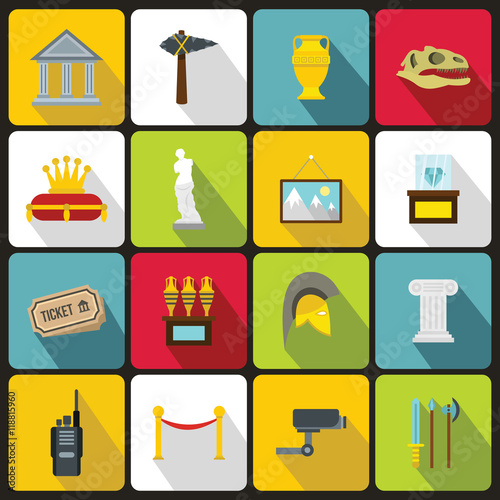 Museum icons set in flat style. Antique and culture symbols set collection vector illustration