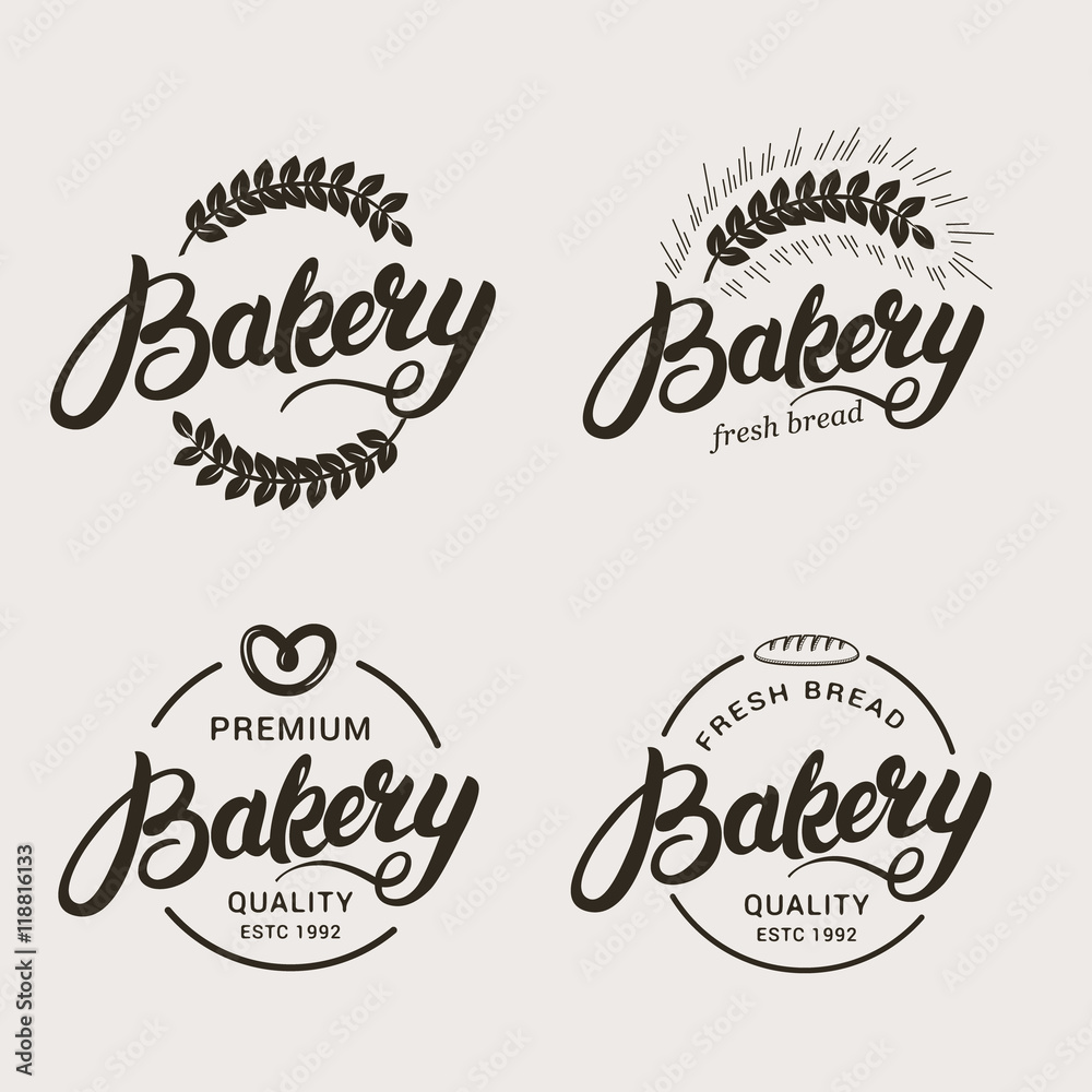 Naklejka Set of bakery and bread logo. Hand written lettering logotype, badge, label, emblem. Vector illustration.
