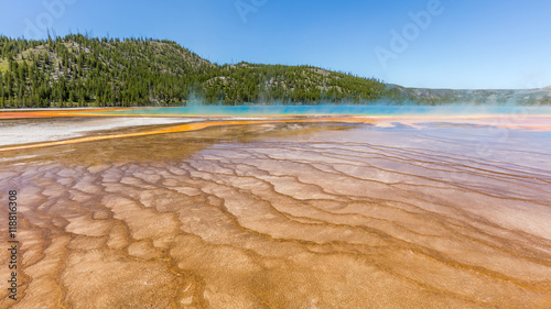 Beautiful Grand Prismatic Spring against blue sky. Amazing scenery at Midway Geyser Basin, Yellowstone National Park, Wyoming