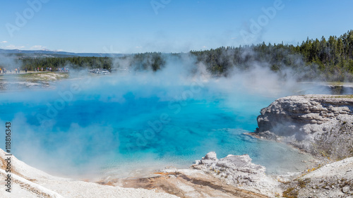 Blue lake with steam. Amazing blue pool. Midway Geyser Basin, Yellowstone National Park, Wyoming