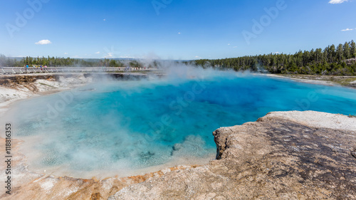 Unusual colors of blue lake. Midway Geyser Basin, Yellowstone National Park, Wyoming