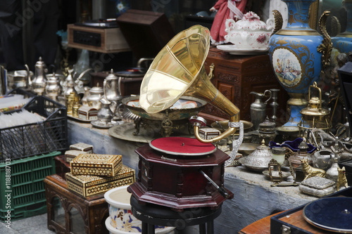 An Old Gramophone and Other Antique Objects At Antiques Market photo