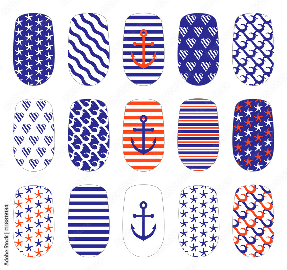 nail art marine style templates manicure design set can be used for false nail tips and stickers isolated on white eps 10 vector stock vector adobe stock